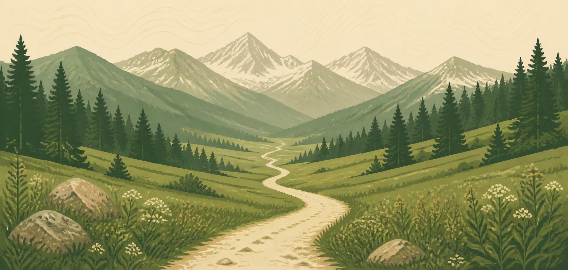 A winding path through pine forest toward distant mountains